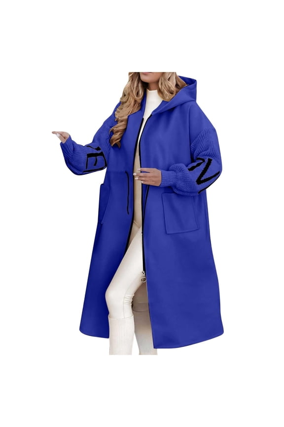 Long Hoodies Jacket For Women Letter Knitted Patchwork Long Sleeve Casual Drawstring Waist Outerwear With Pockets winter coats for women