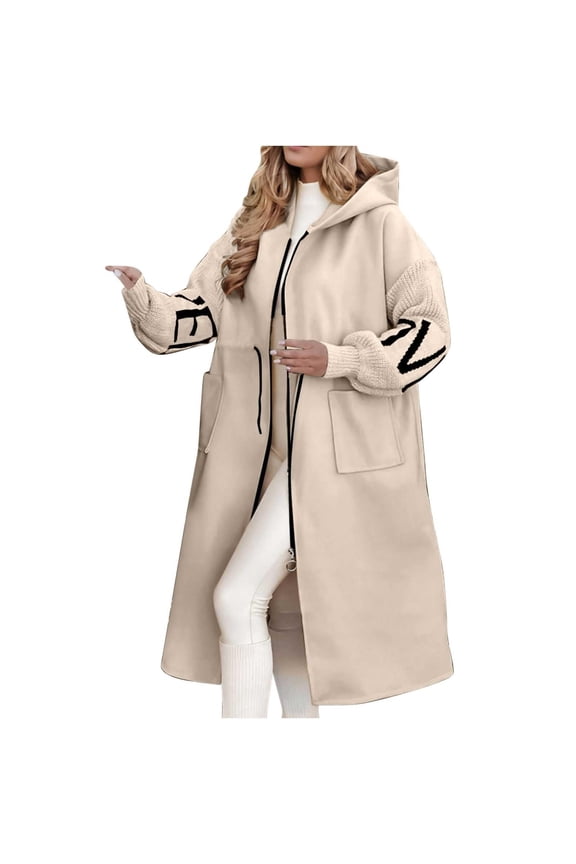 Long Hoodies Jacket For Women Letter Knitted Patchwork Long Sleeve Casual Drawstring Waist Outerwear With Pockets winter coats for women