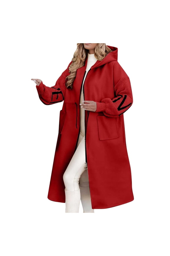 Long Hoodies Jacket For Women Letter Knitted Patchwork Long Sleeve Casual Drawstring Waist Outerwear With Pockets winter coats for women