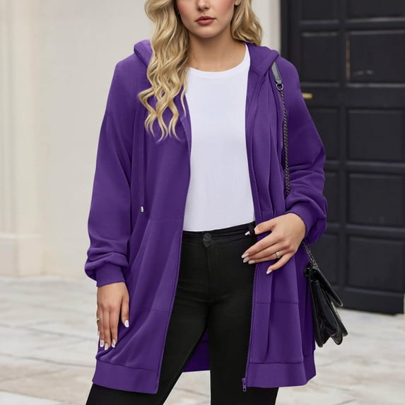 Long Hoodies for Women Full Zip Long Sleeve Drawstring Hooded Sweatshirt with Pockets Oversized Outdoor Casual Plain Jackets 2025 Winter Fashion Hoodie