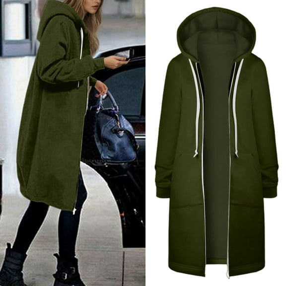 Long Hoodies for Women Zip Up Double Zipper Fleece Tunic Sweatshirts 2025 Fall Winter Oversized Jacket With Pockets Long Sleeve Casual Travel Outerwear​ Army Green L
