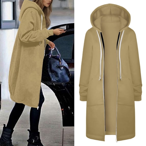 Long Hoodies for Women Zip Up Double Zipper Fleece Tunic Sweatshirts 2025 Fall Winter Oversized Jacket With Pockets Long Sleeve Casual Travel Outerwear Beige S