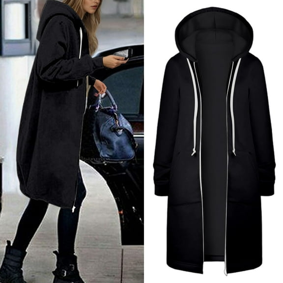 Long Hoodies for Women Zip Up Double Zipper Fleece Tunic Sweatshirts 2025 Fall Winter Oversized Jacket With Pockets Long Sleeve Casual Travel Outerwear​ Black XL