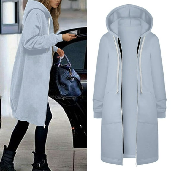 Long Hoodies for Women Zip Up Double Zipper Fleece Tunic Sweatshirts 2025 Fall Winter Oversized Jacket With Pockets Long Sleeve Casual Travel Outerwear​ Light Blue M