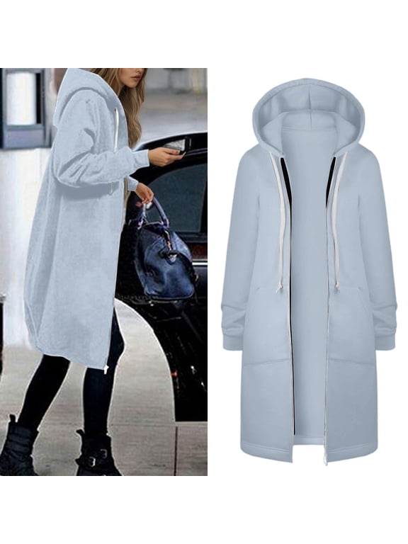 Long Hoodies for Women Zip Up Double Zipper Fleece Tunic Sweatshirts 2025 Fall Winter Oversized Jacket With Pockets Long Sleeve Casual Travel Outerwear​ Light Blue L