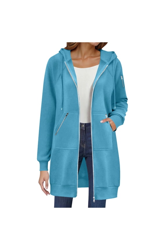 Long Hoodies for Women Zip up Long Sleeve Casual Drawstring Tunic Sweatshirt Fall Winter Fashion Solid Color Jacket New Womens Jackets Lightweight Light Blue XL