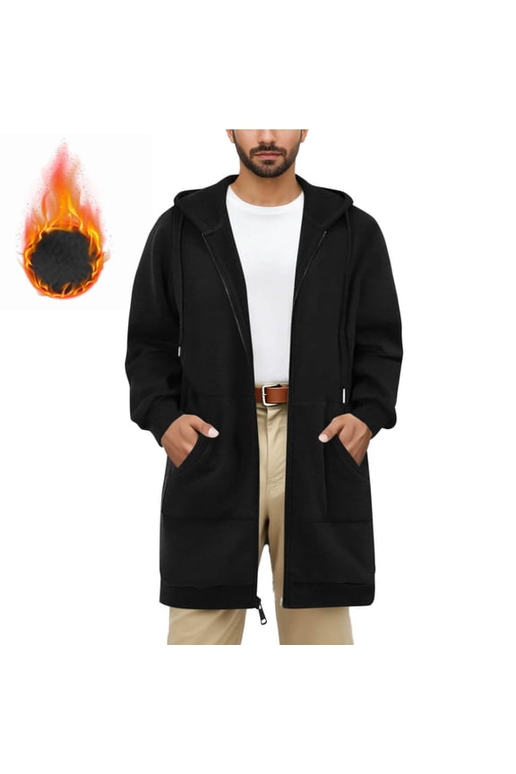 Long Hoodies for Men Sherpa Lined Jacket Mid Length Thick Warm Sweatshirt Fleece Full Zip Hooded Winter Coat (L, Black)