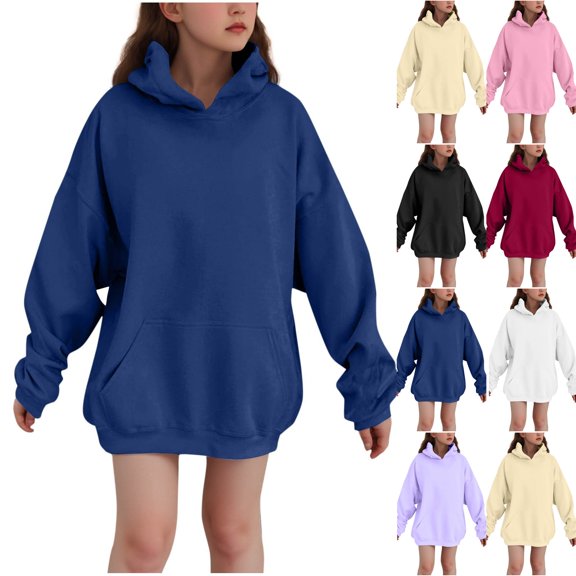 Long Hoodies for Teen Girls Trendy Plain Long Sleeve Oversized Sweatshirts Y2k Fall Winter ClothesDark Blue,110