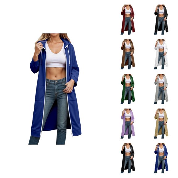 Long Hoodies for Women 2025 Fall Winter Long Sleeve Full Zipper Plain Hooded Sweatshirt with Pockets Jacket Coat