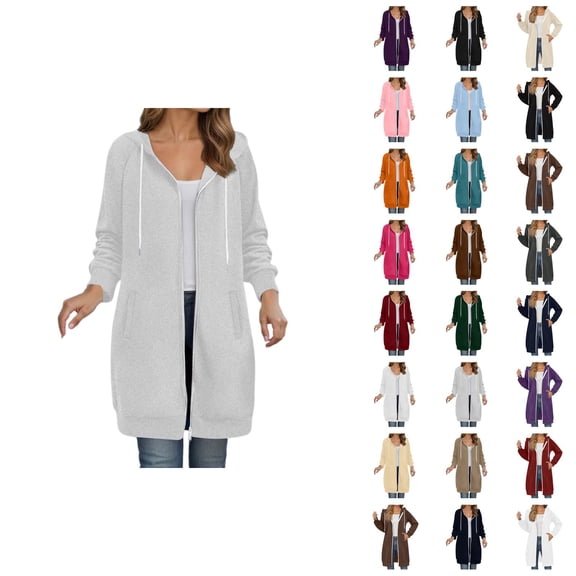 Long Hoodies for Women 2025 Fall Winter Long Sleeve Plain Zip Up Hooded Sweatshirt with Pockets Cardigan Jacket Coat