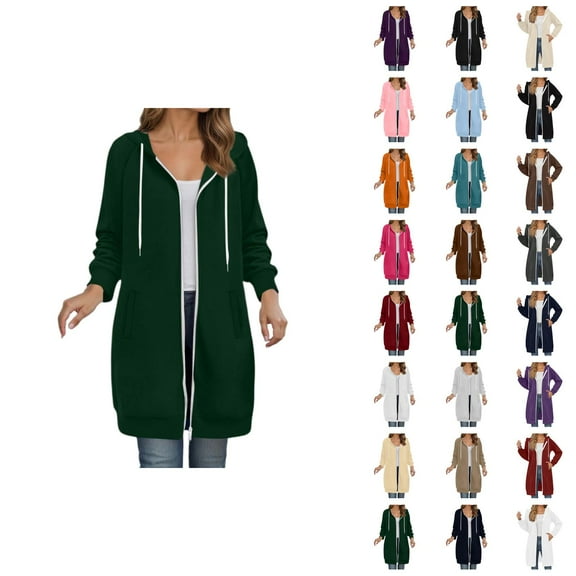 Long Hoodies for Women 2025 Fall Winter Long Sleeve Plain Zip Up Hooded Sweatshirt with Pockets Cardigan Jacket Coat