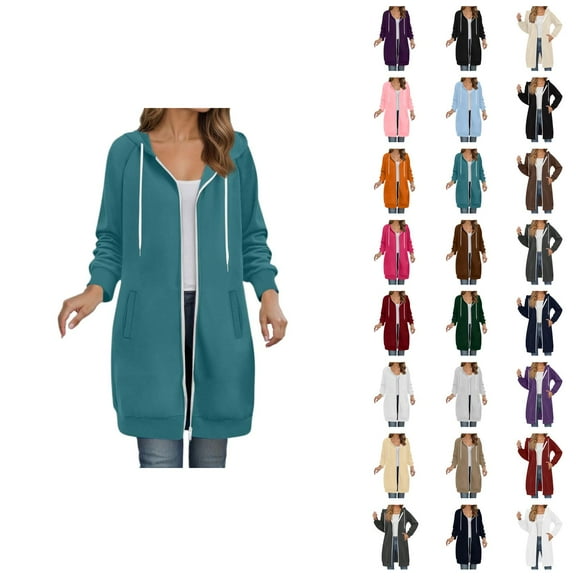 Long Hoodies for Women 2025 Fall Winter Long Sleeve Plain Zip Up Hooded Sweatshirt with Pockets Cardigan Jacket Coat