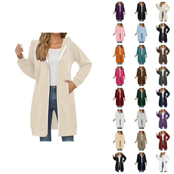 Long Hoodies for Women 2025 Fall Winter Long Sleeve Plain Zip Up Hooded Sweatshirt with Pockets Cardigan Jacket Coat
