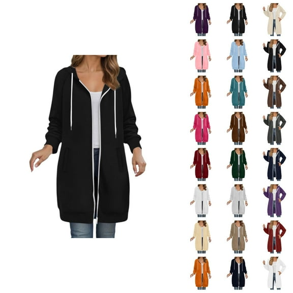 Long Hoodies for Women 2025 Fall Winter Long Sleeve Plain Zip Up Hooded Sweatshirt with Pockets Cardigan Jacket Coat