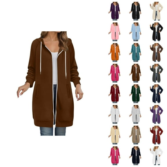 Long Hoodies for Women 2025 Fall Winter Long Sleeve Plain Zip Up Hooded Sweatshirt with Pockets Cardigan Jacket Coat