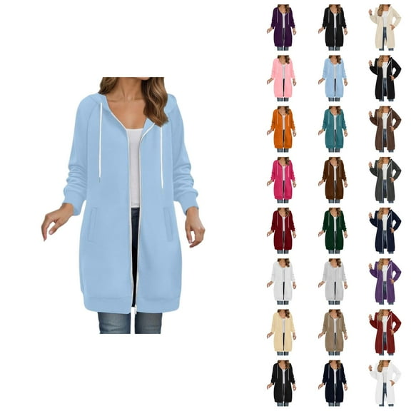 Long Hoodies for Women 2025 Fall Winter Long Sleeve Plain Zip Up Hooded Sweatshirt with Pockets Cardigan Jacket Coat
