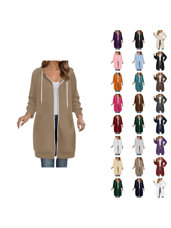 Long Hoodies for Women 2025 Fall Winter Long Sleeve Plain Zip Up Hooded Sweatshirt with Pockets Cardigan Jacket Coat