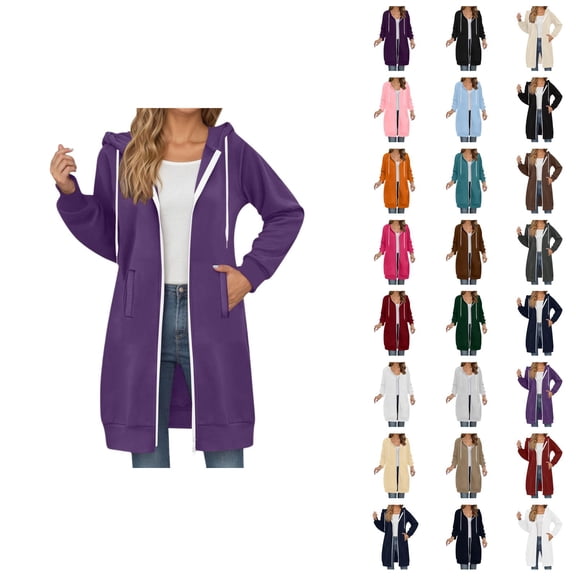 Long Hoodies for Women 2025 Fall Winter Long Sleeve Plain Zip Up Hooded Sweatshirt with Pockets Cardigan Jacket Coat