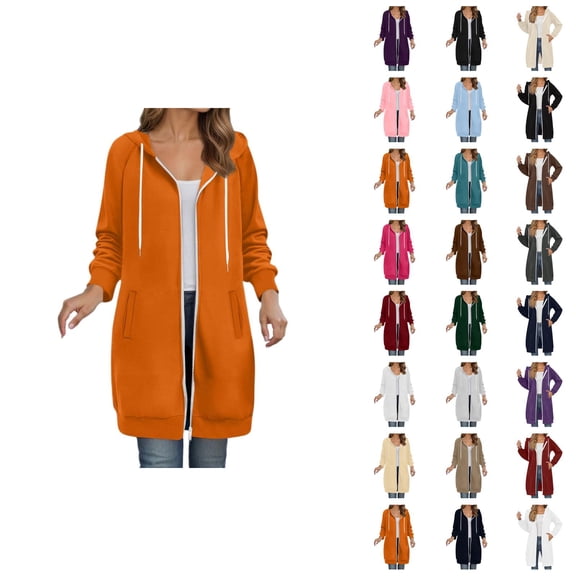 Long Hoodies for Women 2025 Fall Winter Long Sleeve Plain Zip Up Hooded Sweatshirt with Pockets Cardigan Jacket Coat