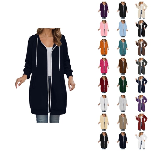 Long Hoodies for Women 2025 Fall Winter Long Sleeve Plain Zip Up Hooded Sweatshirt with Pockets Cardigan Jacket Coat