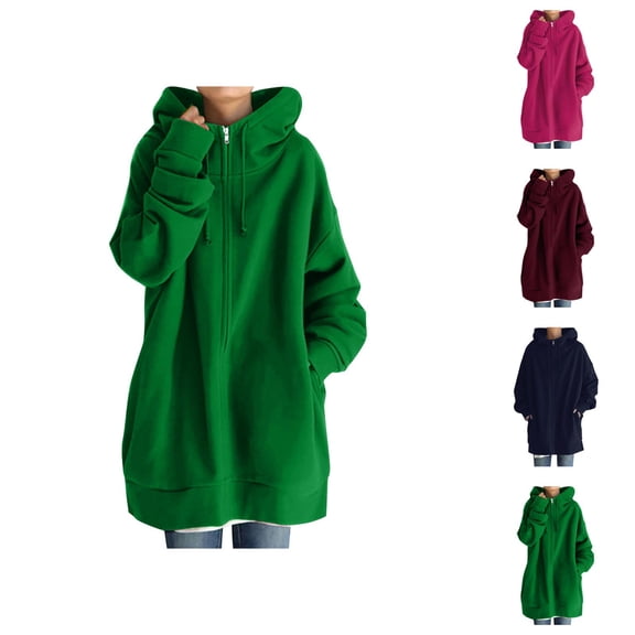 Long Hoodies for Women 2025 Fall Winter Long Sleeve Plain Zip Up Jacket Coat Hooded Sweatshirt Outerwear