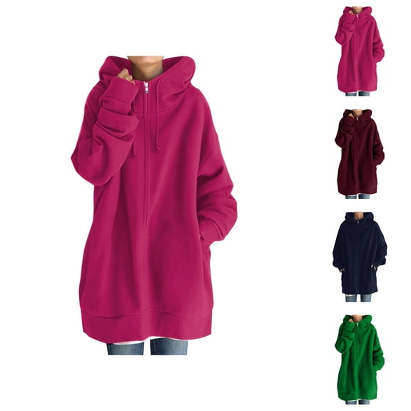 Long Hoodies for Women 2025 Fall Winter Long Sleeve Plain Zip Up Jacket Coat Hooded Sweatshirt Outerwear