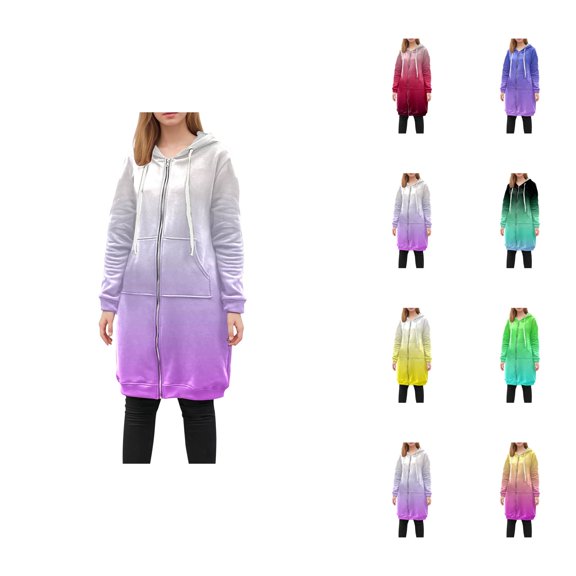 Long Hoodies for Women 2025 Fall Winter Long Sleeve Zip Up Gradient Hooded Sweatshirt with Pockets Jacket Coat