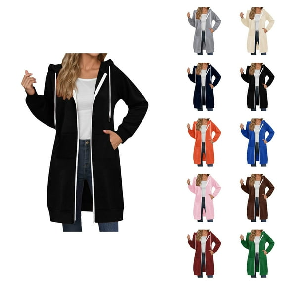 Long Hoodies for Women 2025 Fall Winter Long Sleeve Zip Up Plain Hooded Sweatshirt Jacket with Pockets