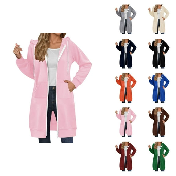 Long Hoodies for Women 2025 Fall Winter Long Sleeve Zip Up Plain Hooded Sweatshirt Jacket with Pockets