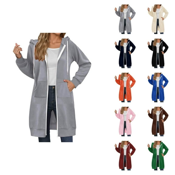 Long Hoodies for Women 2025 Fall Winter Long Sleeve Zip Up Plain Hooded Sweatshirt Jacket with Pockets