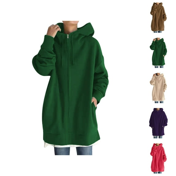 Long Hoodies for Women 2025 Fleece Lined Zip Up Plain Hoodie with Pockets Streetwear Hooded Sweatshirt Women Jacket