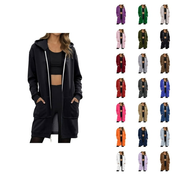 Long Hoodies for Women 2025 Full Zipper Plain Hoodie Dress with Pockets Cardigan Hooded Sweatshirt Women Jacket Coat