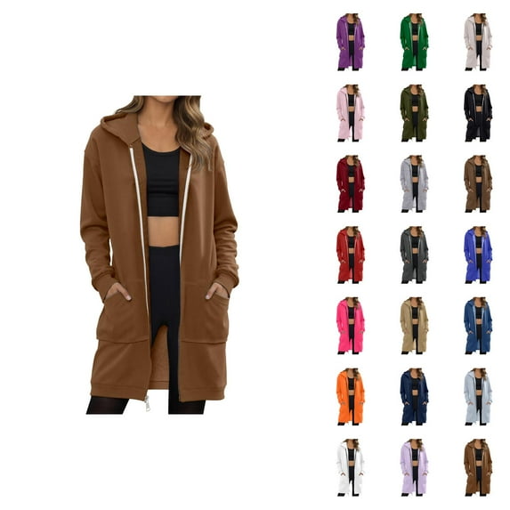 Long Hoodies for Women 2025 Full Zipper Plain Hoodie Dress with Pockets Cardigan Hooded Sweatshirt Women Jacket Coat