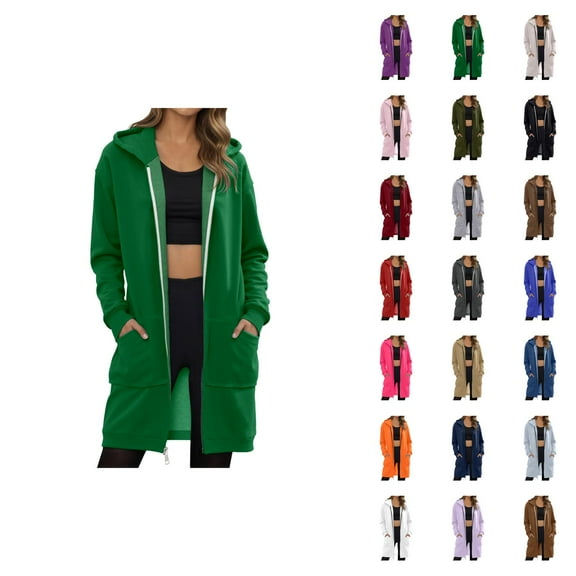 Long Hoodies for Women 2025 Full Zipper Plain Hoodie Dress with Pockets Cardigan Hooded Sweatshirt Women Jacket Coat