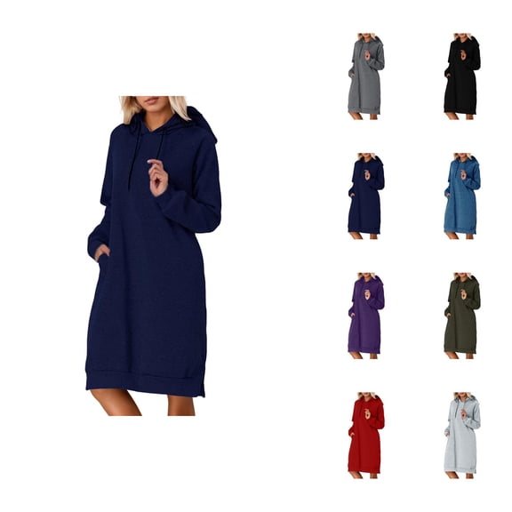 Long Hoodies for Women 2025 Long Sleeve Split Hem Plain Hoodie Dress with Pockets Hooded Sweatshirt Women Pullover
