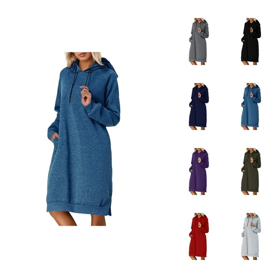 Long Hoodies for Women 2025 Long Sleeve Split Hem Plain Hoodie Dress with Pockets Hooded Sweatshirt Women Pullover