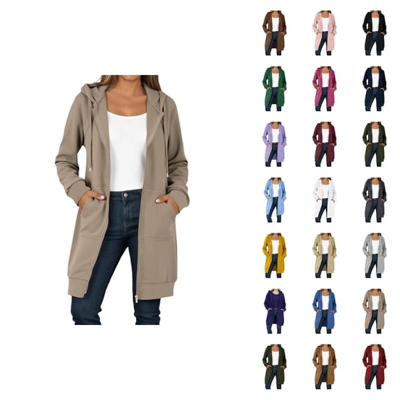 Long Hoodies for Women 2025 Long Sleeve Zip Up Plain Hooded Sweatshirt with Pockets Cardigan Jacket Coat