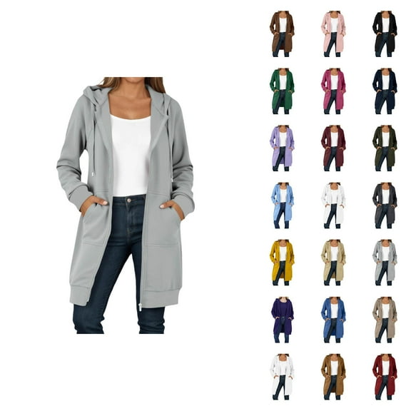 Long Hoodies for Women 2025 Long Sleeve Zip Up Plain Hooded Sweatshirt with Pockets Cardigan Jacket Coat