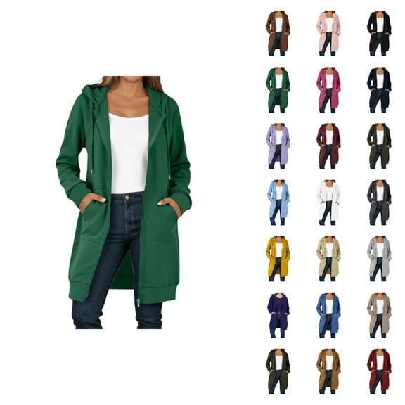 Long Hoodies for Women 2025 Long Sleeve Zip Up Plain Hooded Sweatshirt with Pockets Cardigan Jacket Coat