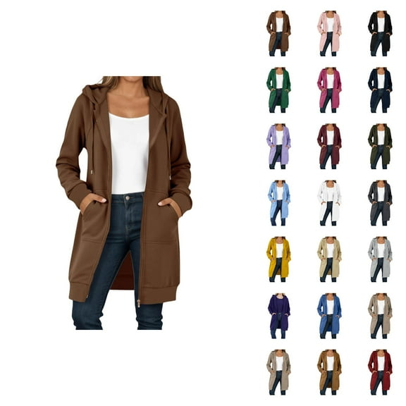 Long Hoodies for Women 2025 Long Sleeve Zip Up Plain Hooded Sweatshirt with Pockets Cardigan Jacket Coat