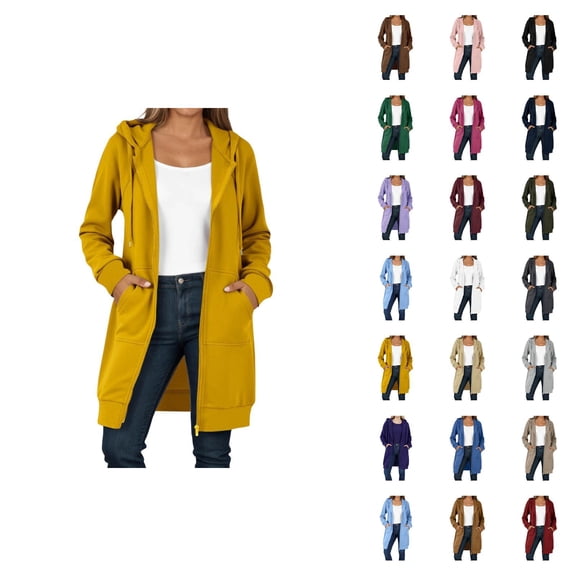 Long Hoodies for Women 2025 Long Sleeve Zip Up Plain Hooded Sweatshirt with Pockets Cardigan Jacket Coat