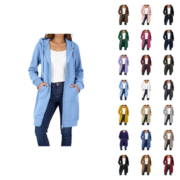 Long Hoodies for Women 2025 Long Sleeve Zip Up Plain Hooded Sweatshirt with Pockets Cardigan Jacket Coat