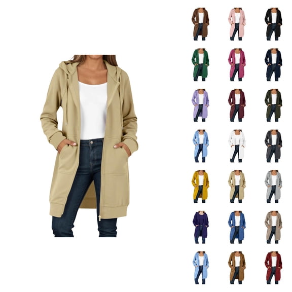 Long Hoodies for Women 2025 Long Sleeve Zip Up Plain Hooded Sweatshirt with Pockets Cardigan Jacket Coat