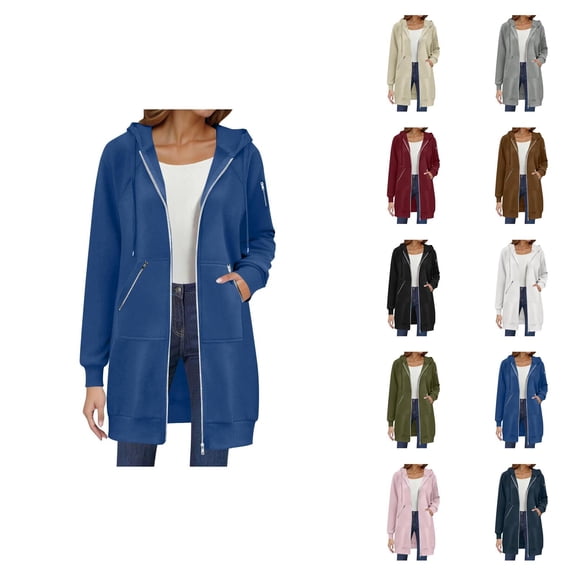 Long Hoodies for Women 2025 Long Sleeve Zip Up Plain Hooded Sweatshirt with Pockets Hoodie Dress Jacket Coat