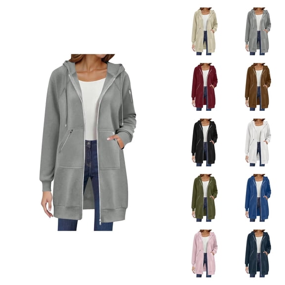 Long Hoodies for Women 2025 Long Sleeve Zip Up Plain Hooded Sweatshirt with Pockets Hoodie Dress Jacket Coat