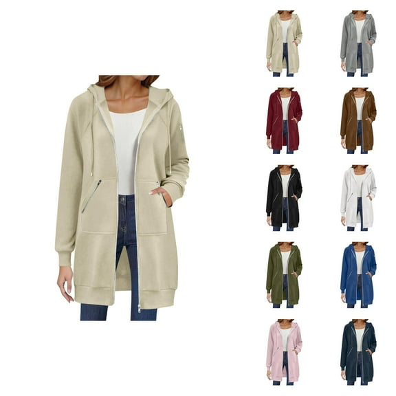 Long Hoodies for Women 2025 Long Sleeve Zip Up Plain Hooded Sweatshirt with Pockets Hoodie Dress Jacket Coat
