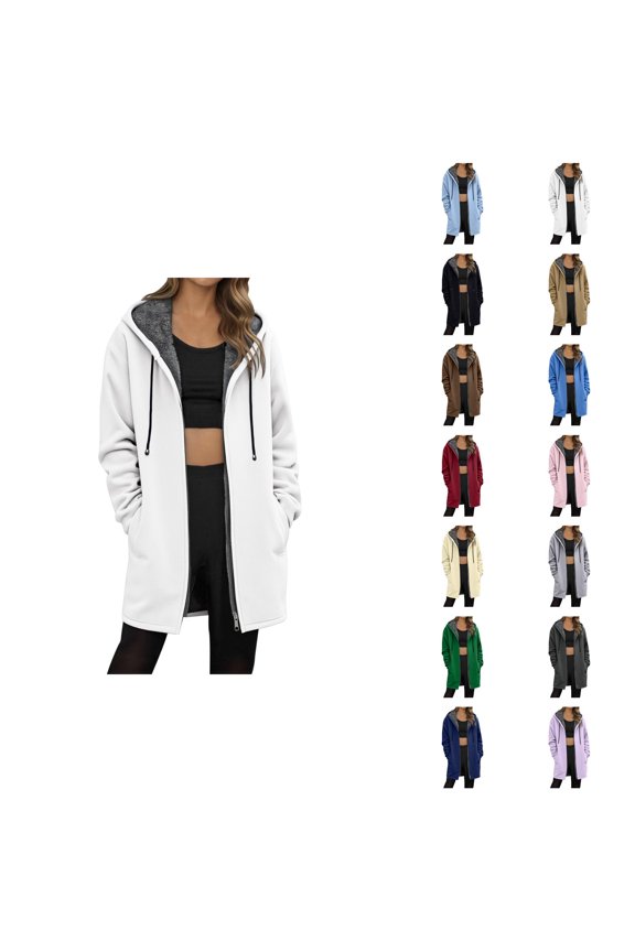 Long Hoodies for Women 2026 Winter Casual Long Sleeve Plain Zip Up Fleece Lined Hoodie Women Jacket Coat with Pockets