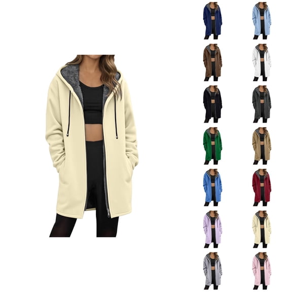 Long Hoodies for Women 2026 Winter Trendy Long Sleeve Thick Full Zipper Sherpa Lined Hoodie Women Jacket Coat with Pockets