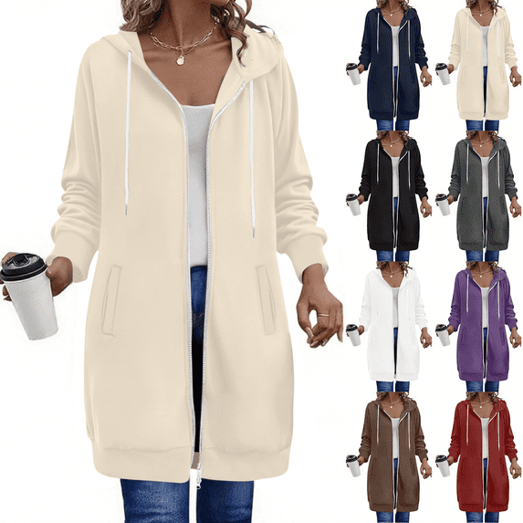 Long Hoodies for Women Double Zipper Fall Winter Drawstring Oversized Coat Jacket Sweatshirt with Pocket