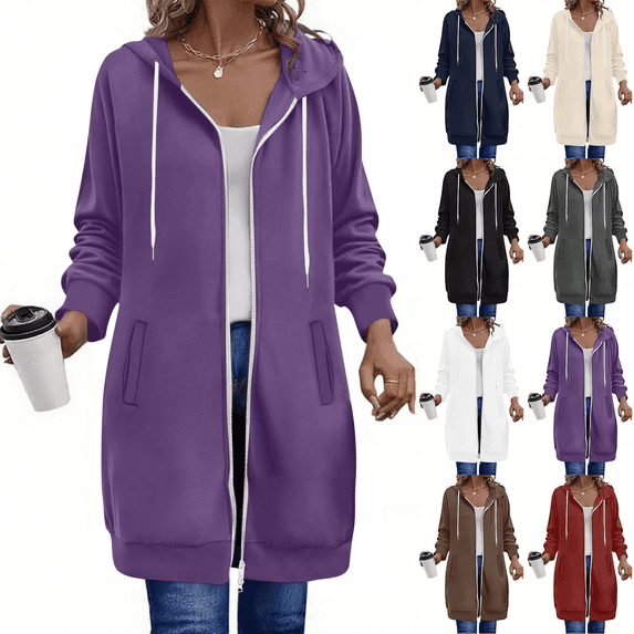 Long Hoodies for Women Double Zipper Fall Winter Drawstring Oversized Coat Jacket Sweatshirt with Pocket